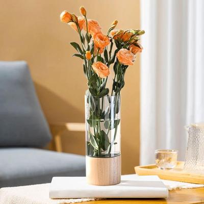 Cylindrical Flower Vase Wooden Base Minimalist Ornaments Decorative Bud for Kitchen Anniversary