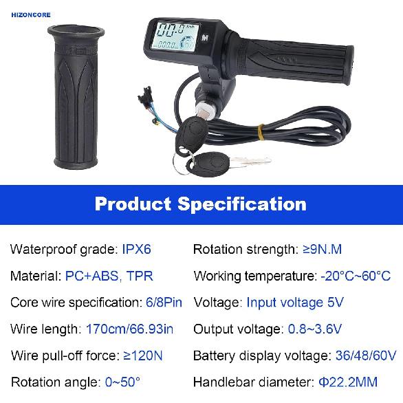 Full Twist Throttle, 8 Pin EBike Throttle 36V/48/60V Universal with 3 Speed Adjustment, LCD Speed Display, Key Switch, Electric Scooter Twist Grip