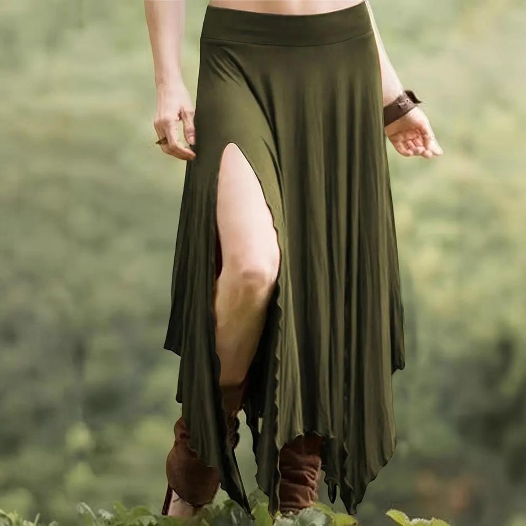 Women's Casual High Waist Beach Skirt Elastic Waistband Irregular Hem Midi Skirt Summer Fashion Solid Color Comfortable Soft Fabric