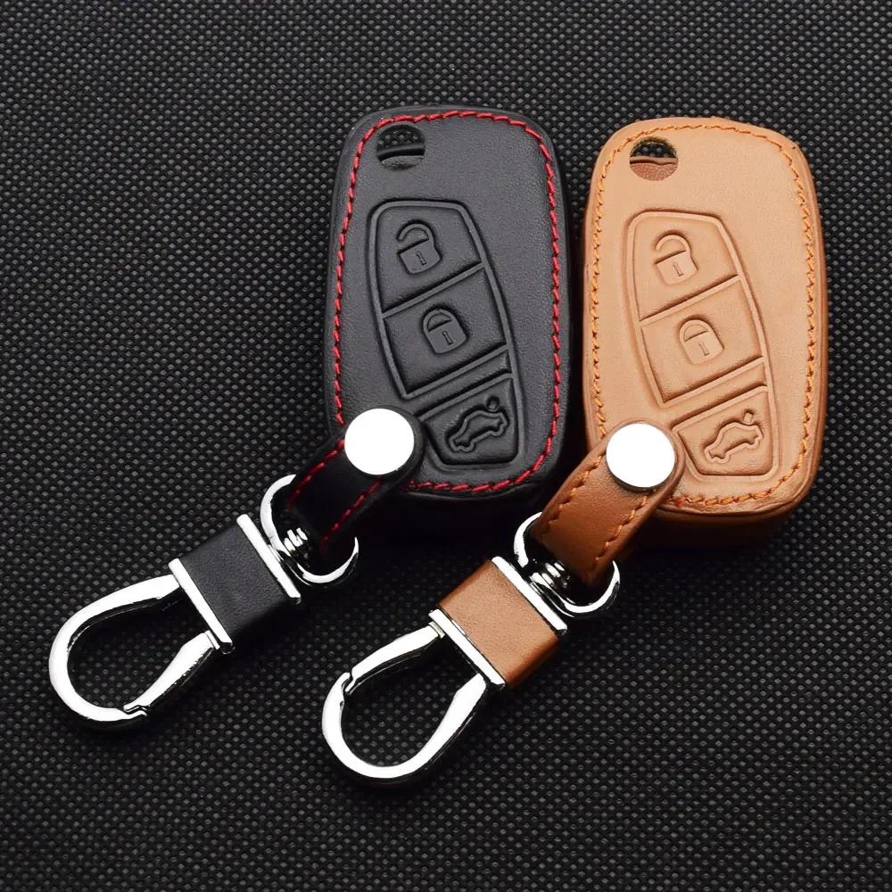 Leather Car Key Case 3 Buttons Keychain Folding Remote Control Fobs Protector Cover For Fiat Panda Fiorino 500 Qubo Doblo Punto