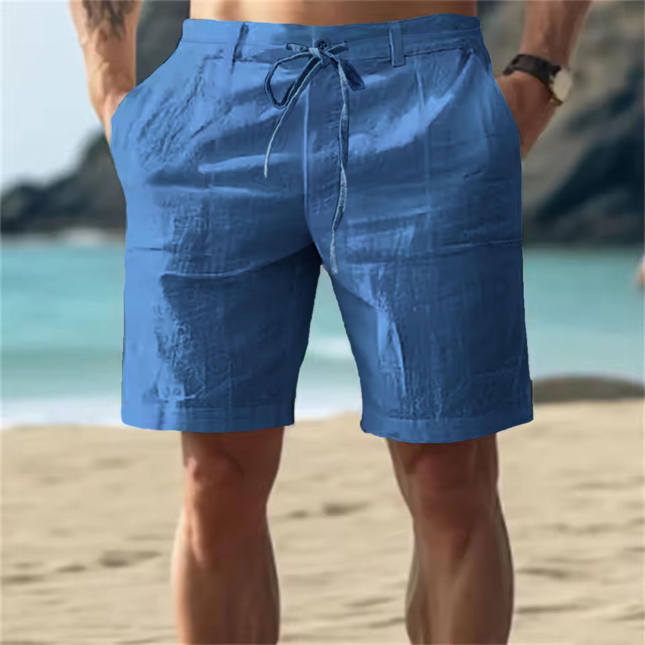 King Billion Heren Casual Katoen Linnen Shorts Zomer Ademend Effen Kleur Elastische Taille Trekkoord Broek Streetwear Activewear S-3XL L denimblauwe kleur