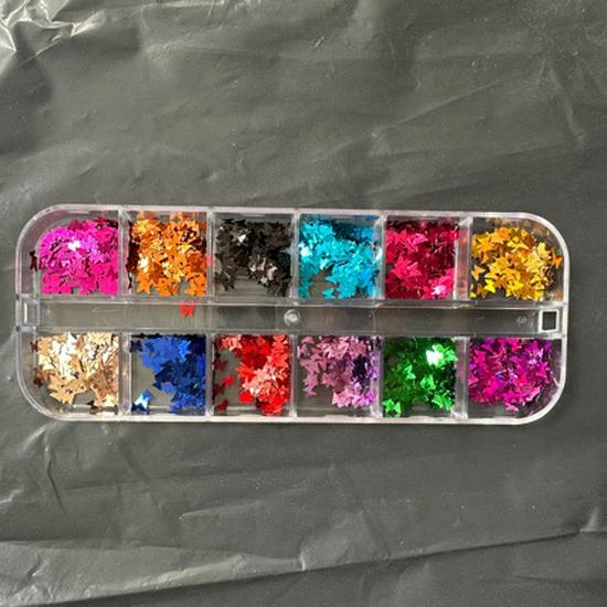 12-Grid Nail Art Box: Iridescent Butterfly & Star Sequins Stickers