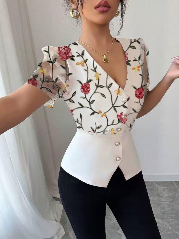 2025 Women's Floral Embroidery Lace Pleated Top - European & American Trend