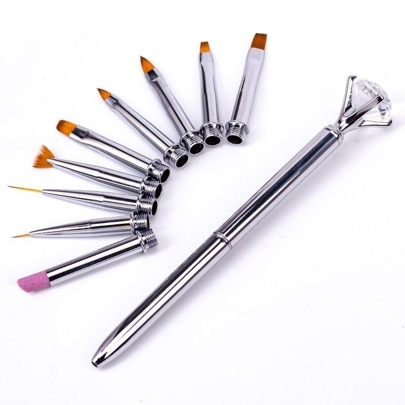 10 In 1 Replaceable Painting Nail Brush Set Rhinestone Drawing Line Color Crystal Phototherapy for Design Soft Slender Nail Pen