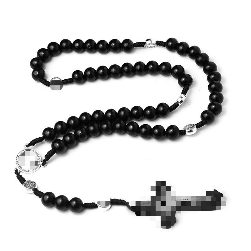 Hand-Knotted Natural Wooden Cross Rosary Necklace with 9x10 Coffee-Colored Wooden Beads