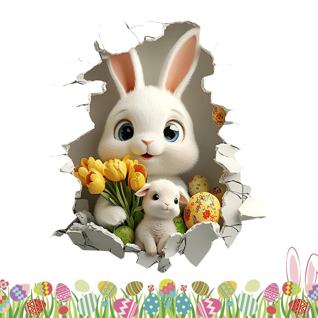 3D Visual Effect Easter Bunny Wall Stickers Cute Removable Adhesive Wallpaper Hole Break Design Bunny Egg Pattern Wall Stickers