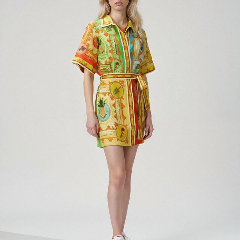 2026 Womens Printed Wrap Tie Neck A-Line Mini Dress High Waist Short Sleeve Elegant Office Casual