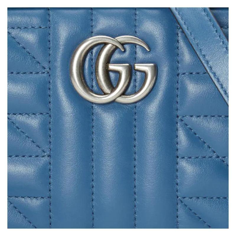 Gucci GG Marmont distressed Marmont silver logo vertical stripe twill quilted chain leather camera bag crossbody bag shoulder bag mini women's blue