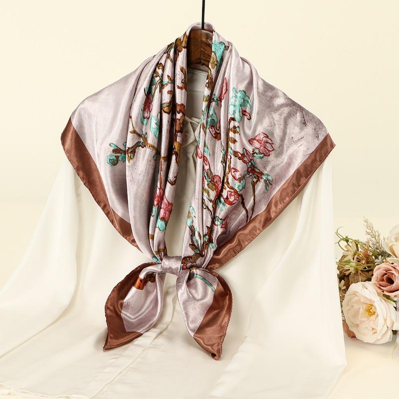 New hot-selling branch and vine printing satin versatile square scarf fashionable high-end outer imitation silk shawl bag headscarf