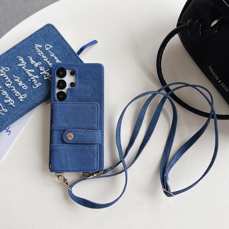 

Luxury Solid Color Denim Wallet Card Slot One Buckle Lanyard Phone Case For Samsung S25 Ultra S23 S24 Ultra Bumper Back Cover Galaxy S24 темно-синього кольору