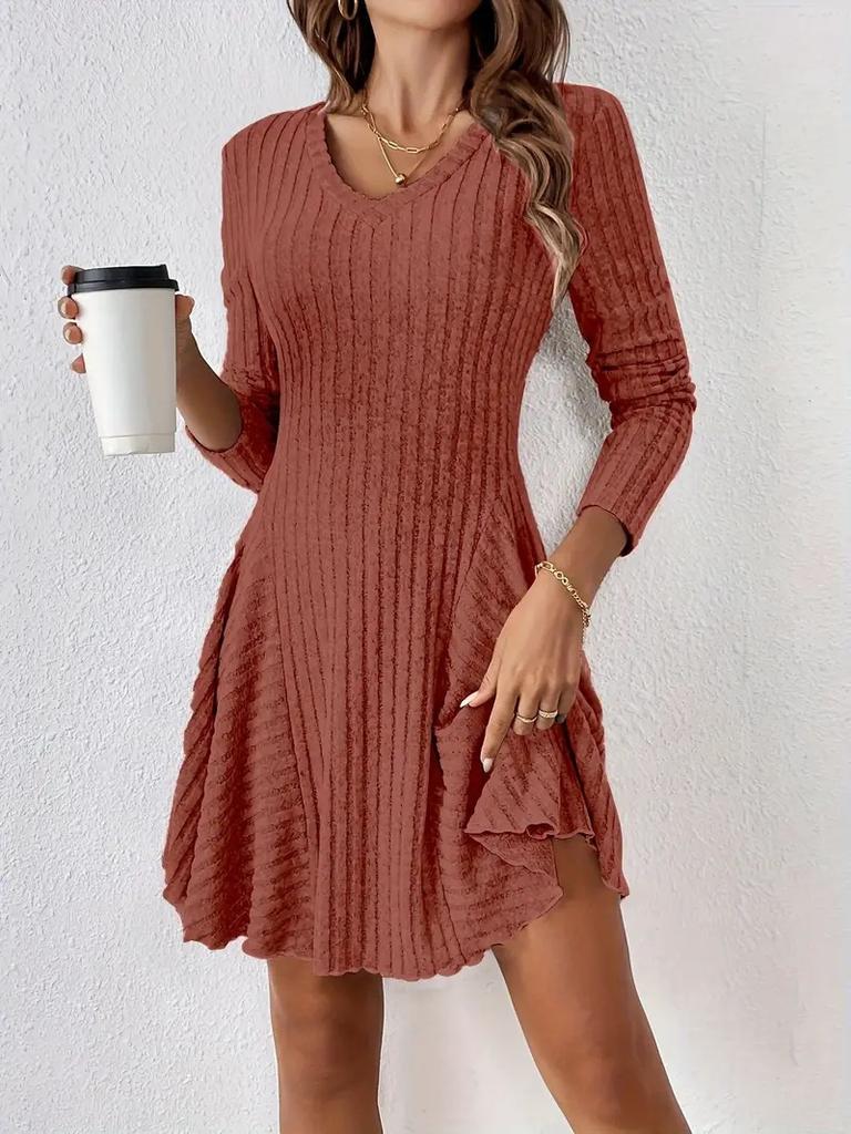 Popular dress European and American early autumn dress A-shaped version knitted long-sleeved temperament elegant style