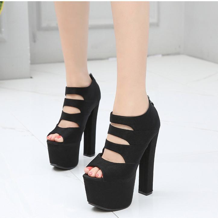 2025 17Cm Catwalk Shoes Super High Heel Thick Heel Sandals  High Back Zipper Black High Heels Women's Summer ZYW-628-1