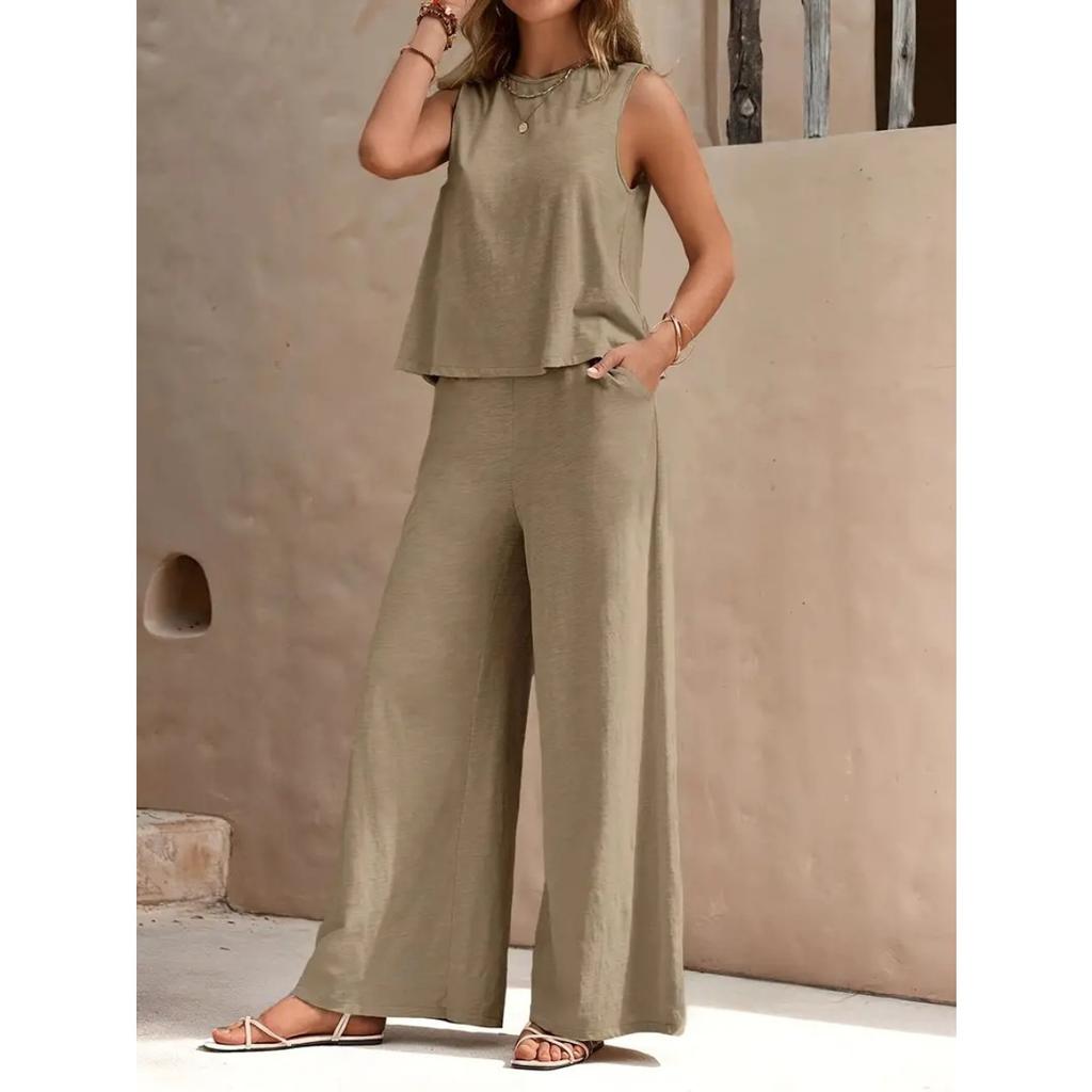 Women's Round Neck Sleeveless Tank Top and Wide Leg Pants 2 Piece Casual Set