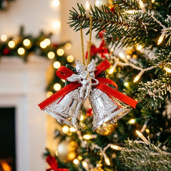 Thickened Electroplated Bell Christmas Ornament with Red Ribbon Bow, Small Jingle Gift Box Accessory Tree Hanging Decoration for Tree, Garland,