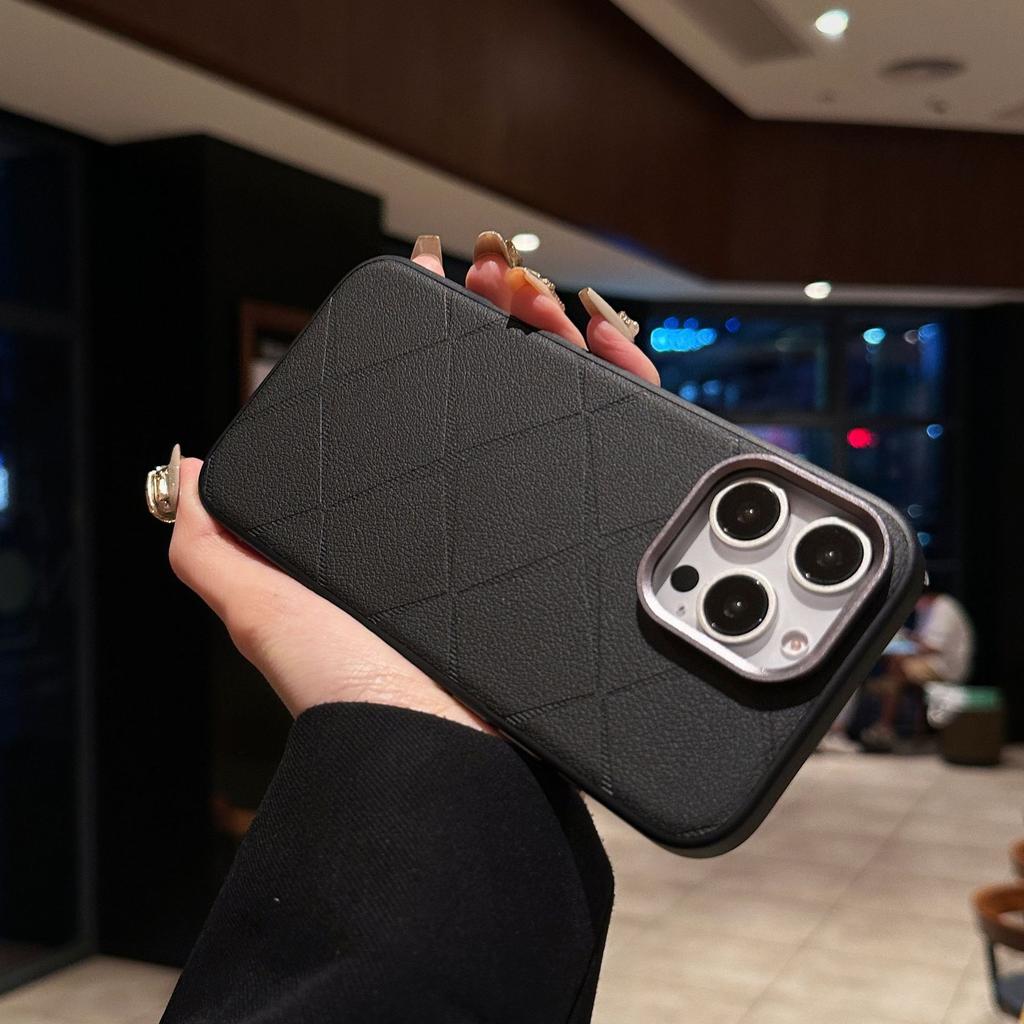 Suitable for Apple 16 Starlight PU Leather Checkered Phone Case, Iphone15 Metal Lens Ring, 14promax Protective Case