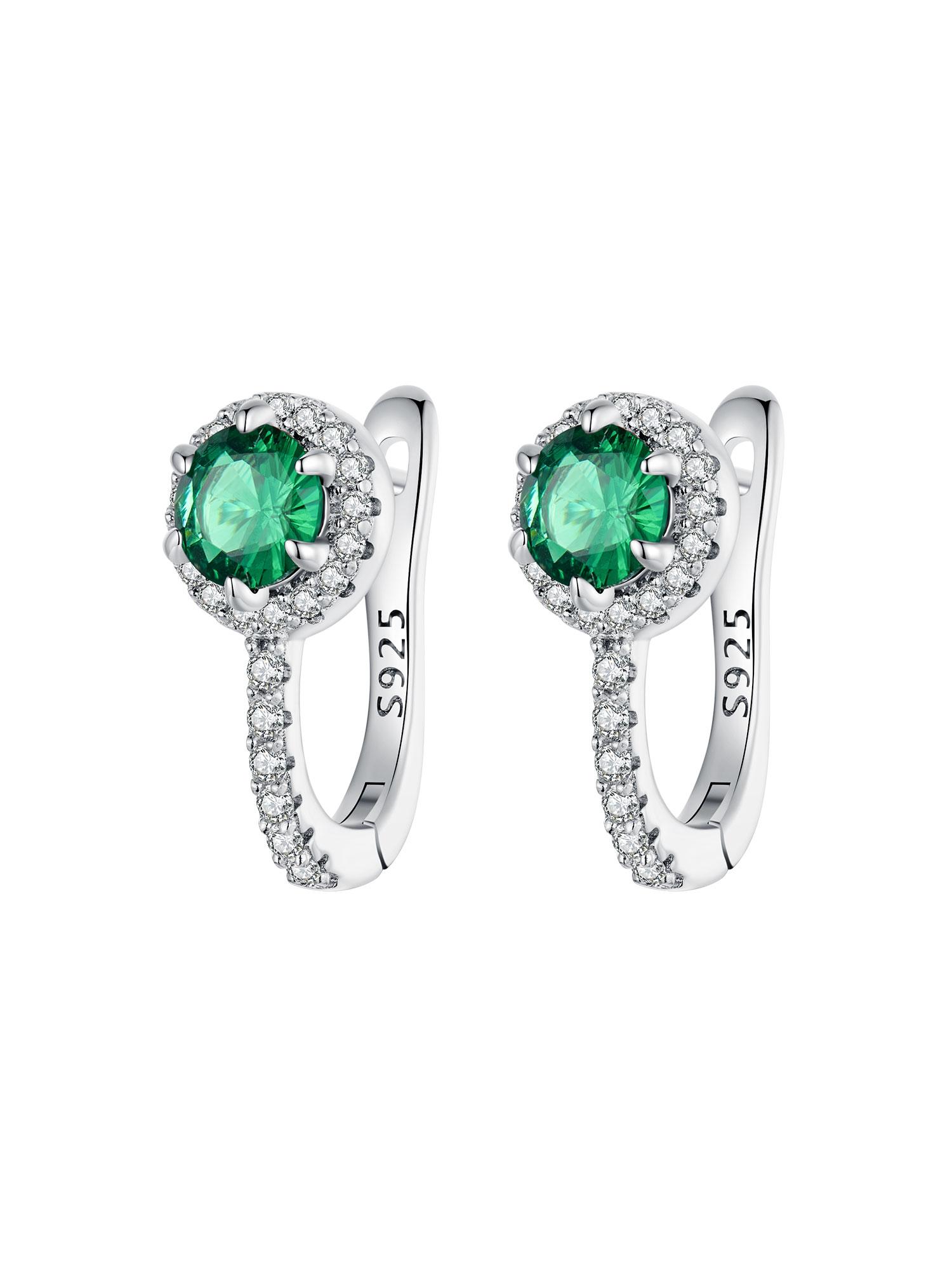 BAMOER Platinum Plated Green Cubic Zirconia 925 Silver Hoop Earrings, Elegant Solitaire Round Huggie Fashion Earrings