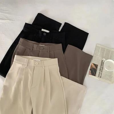 Pantaloni da donna a vita alta, pantaloni da ufficio dritti autunnali, pantaloni alla moda coreana, pantaloni casual larghi con bottoni, neri, nuovi