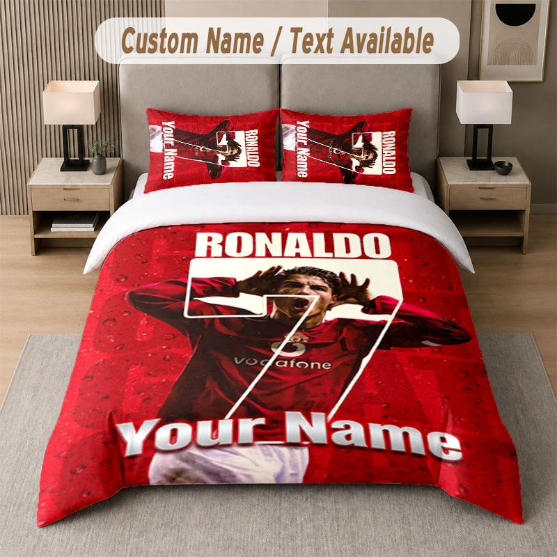 Set Biancheria da Letto Personalizzato Modello Cristiano Ronaldo, Stampa Nome Testo 1 Copripiumino più 2 Federe Tessile per la Casa