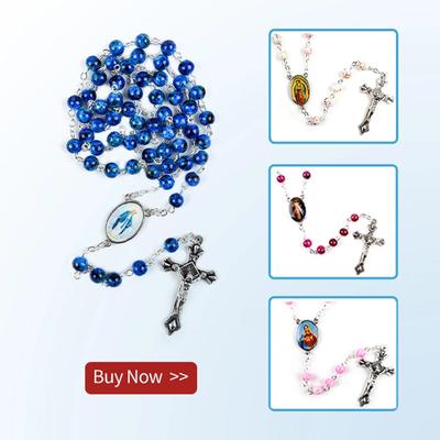 Catholic Rosary Small Size Round Blue Glass Beads Virgin Mary Jesus Necklace