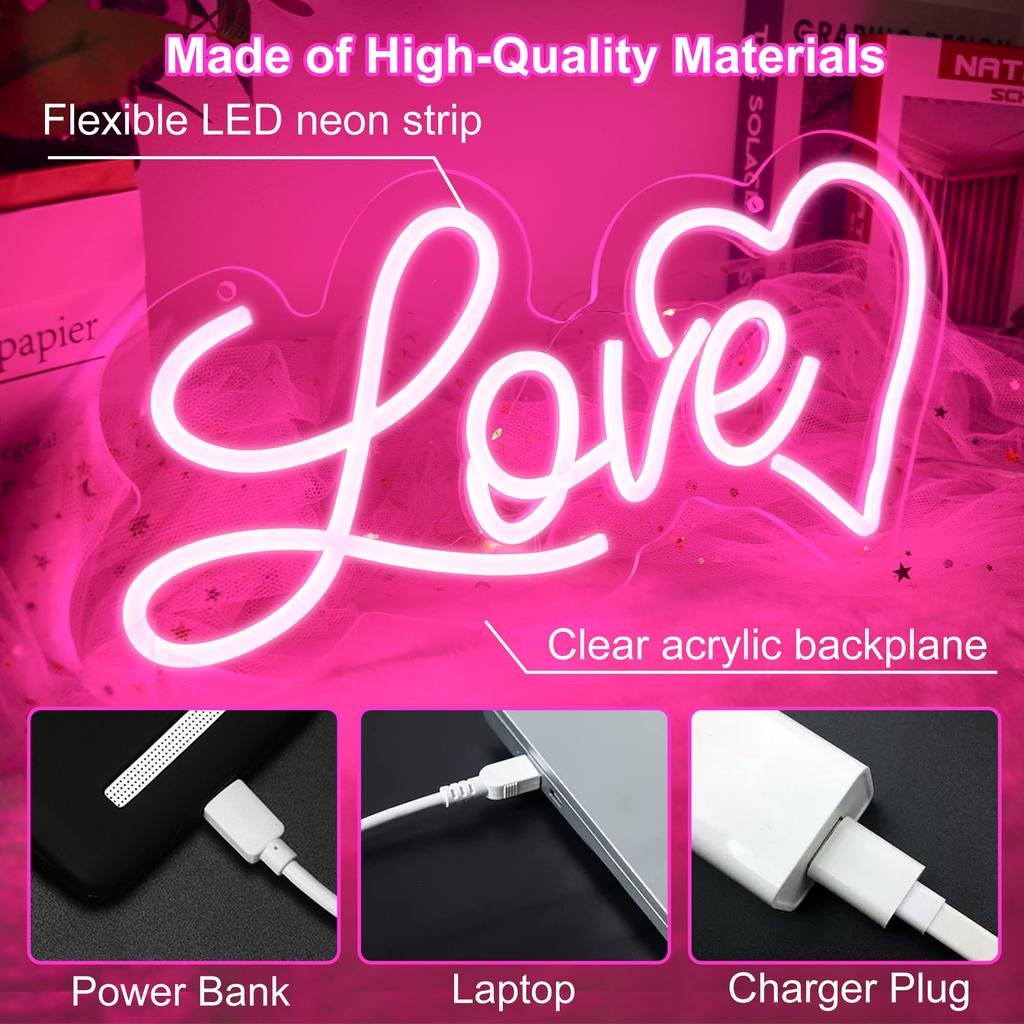 Love Heart Dimmable Neon Sign for Wall Decor, Kids Room, Wedding & Party, Gift for Valentine‘s Day, Girlfriend, Birthday