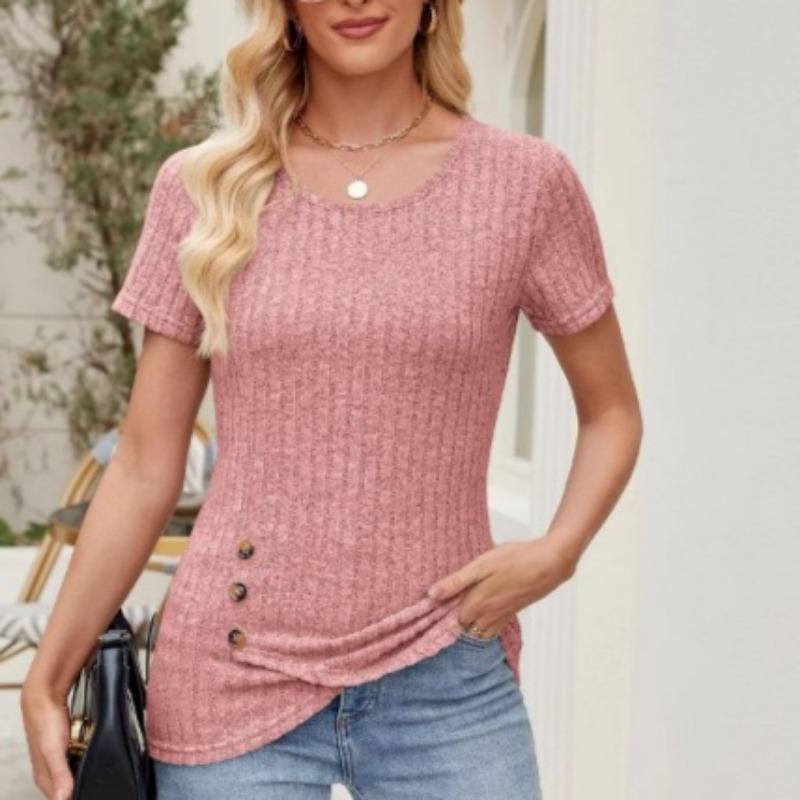Solid Color Round Neck Fashionable Button Pleated Leisure Short Sleeved Top Shirt