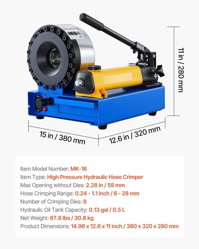 High Pressure Hydraulic Hose Crimper, Manual Hose Crimping Tool with 8 Dies & 6-28mm Crimping Range, Suitable for Low & High-Pressure Oil Pipes,