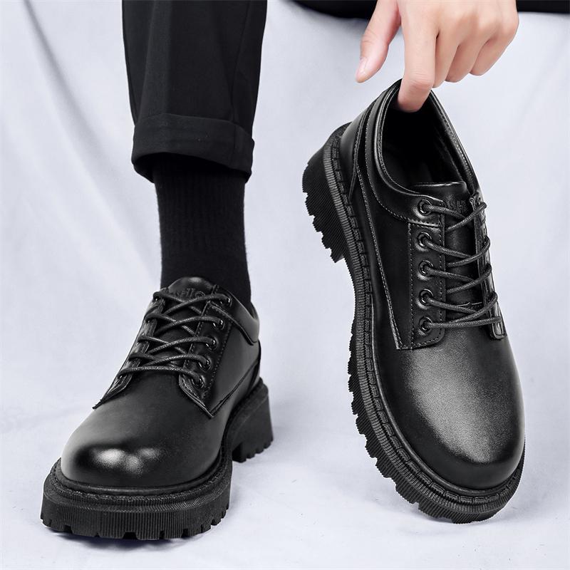 Four Seasons Casual Leather Shoes British Style Pure Black Low-top Shoes Hotel Waiter with Uniform Shoes