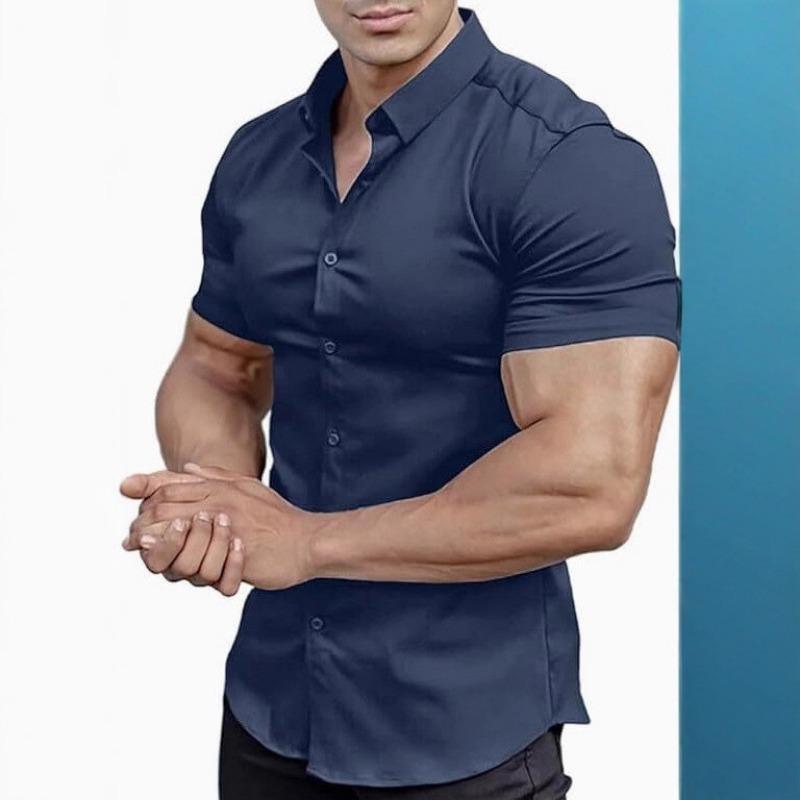 Men Short Sleeve Turn Down Collar Solid Casual Shirt