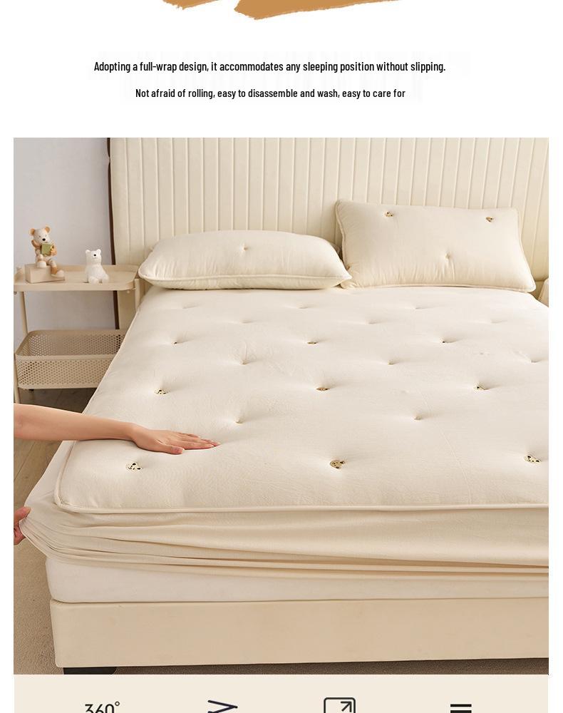 Washed Cotton Quilted Fitted Sheet - Solid Color, Full Wrap, Protective Cover for Home & Dormitory