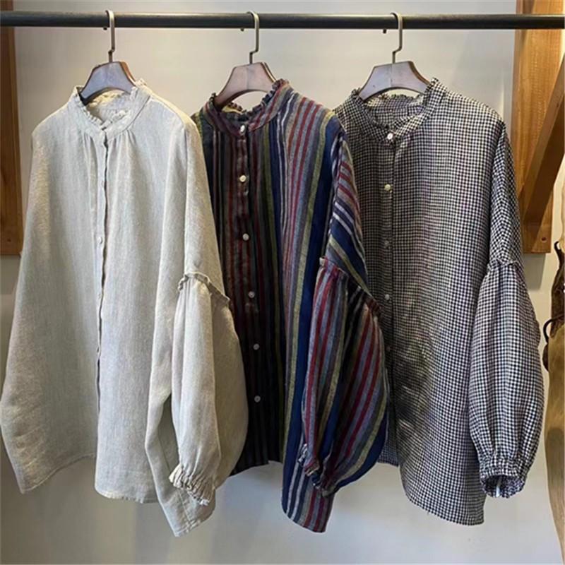 Johnature Japanese Fungus Stand-up Collar Shirt Women Autumn Retro Loose Versatile Raglan Sleeve Tops
