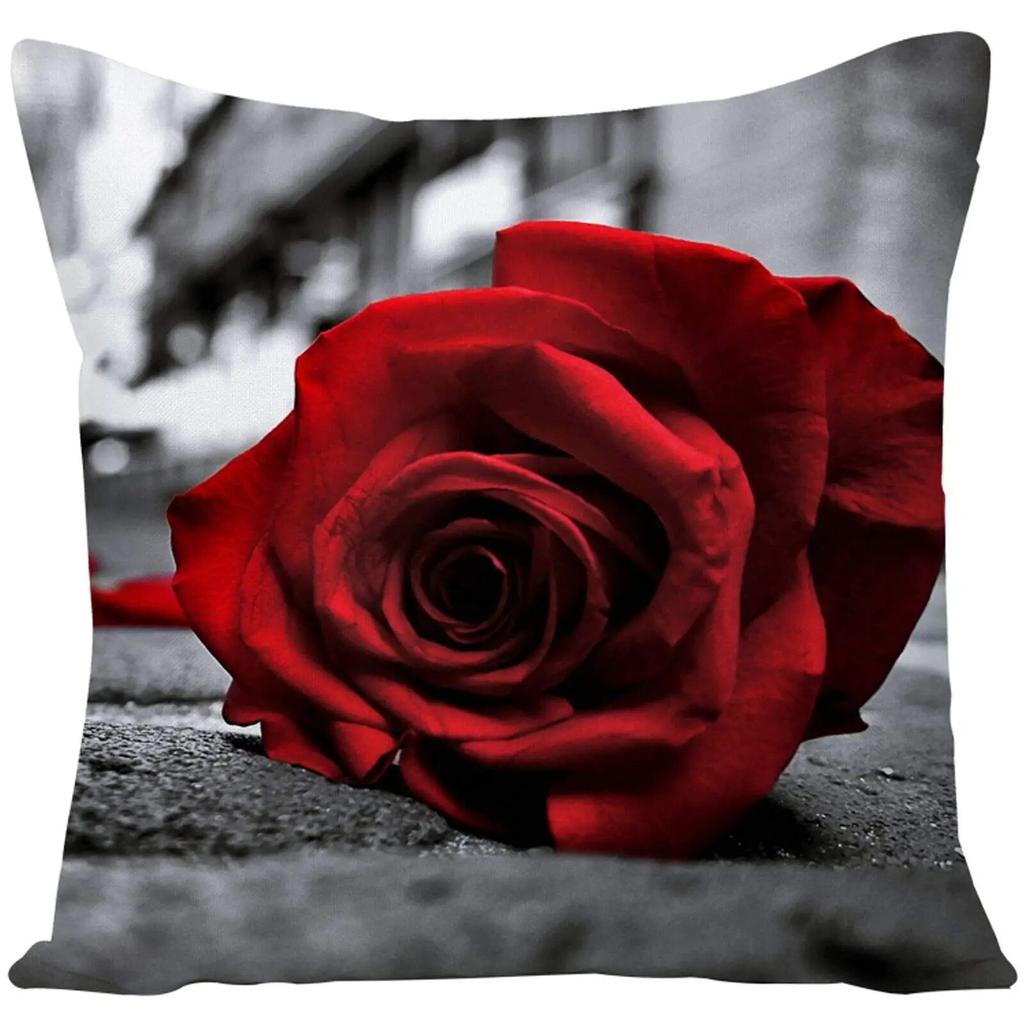 Red Rose Flower Print Pillowcase Sofa Cushion Cover Home Improvement