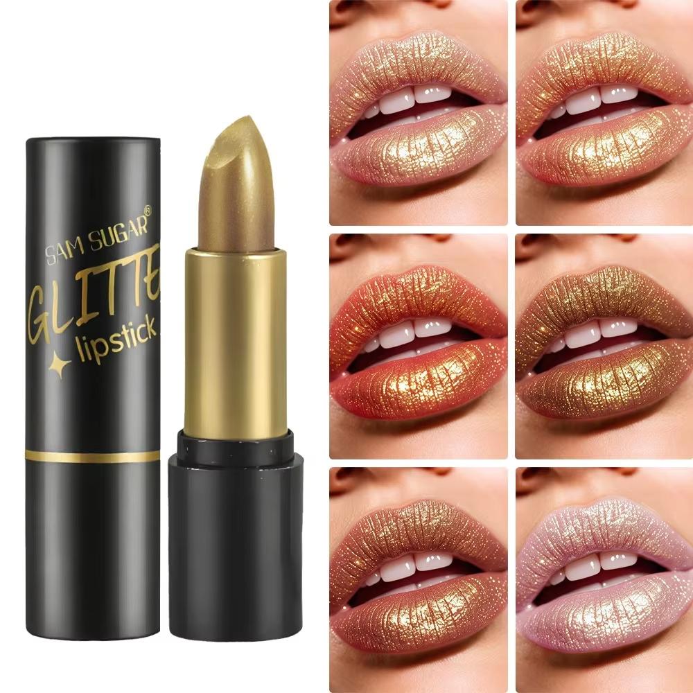 6 Colors Glitter Lipstick Diamond Pearlescent Gold Sexy Red Lipssticks Waterproof Lasting Non-Sticky High-Shine Lip Gloss Makeup