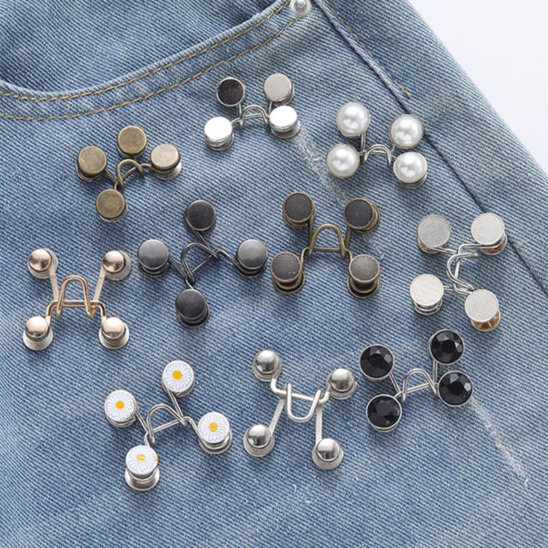 1 set Justerbart midjebälte Förlängare Utan Sömnad Byxklämmor Midjestramare Knapp för Jeans Kjolar Ärmar Passform Knappnålar Verktyg