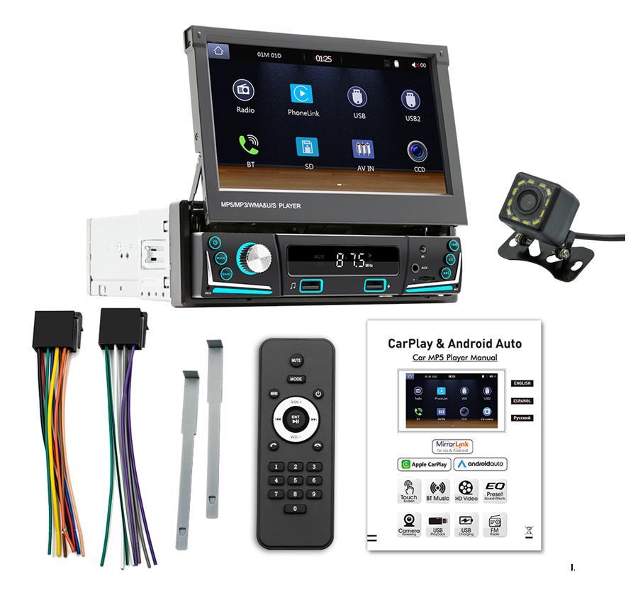 7 Inch HD Wireless Android Auto CarPlay 1Din Video Multimedia MP5 Player Retractable Screen Mirror Link Car BT/FM/USB/AUX 9606W