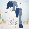 Girls Round Neck Long Sleeve Multi Color Printed Top And Flared Pants Two Piece Set