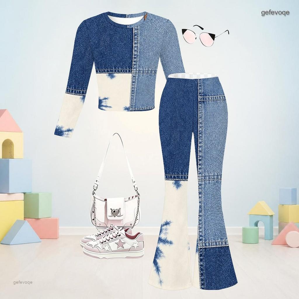 Girls Round Neck Long Sleeve Multi Color Printed Top And Flared Pants Two Piece Set