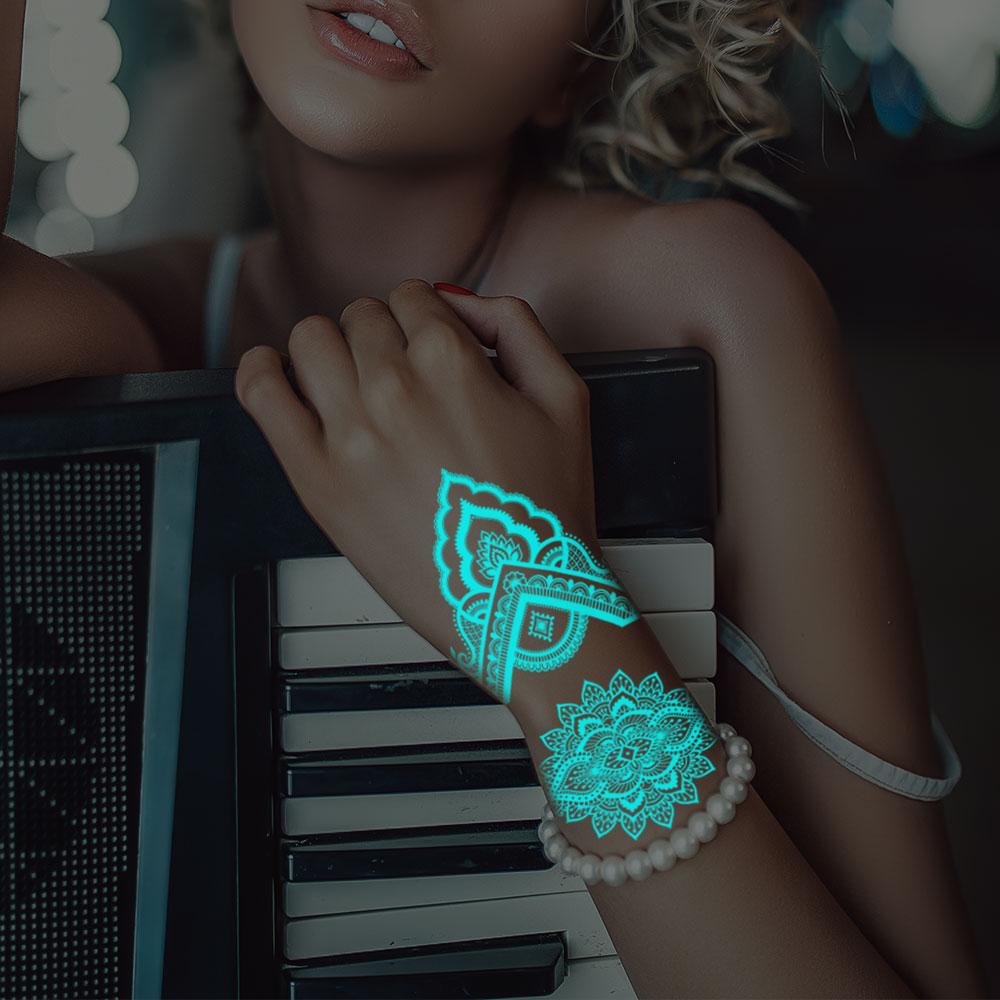 1 Sheet White Henna Tattoo Luminous Blue Hand Temp Tattoo