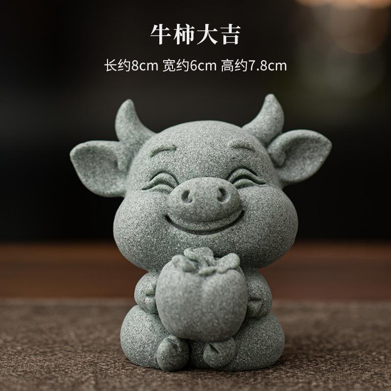 Green Sand Stone Pig Persimmon Big Fortune Tea Pet Japanese Tea Spirit Tea Figurine Play Toys Tea Statue Ornaments Decoration