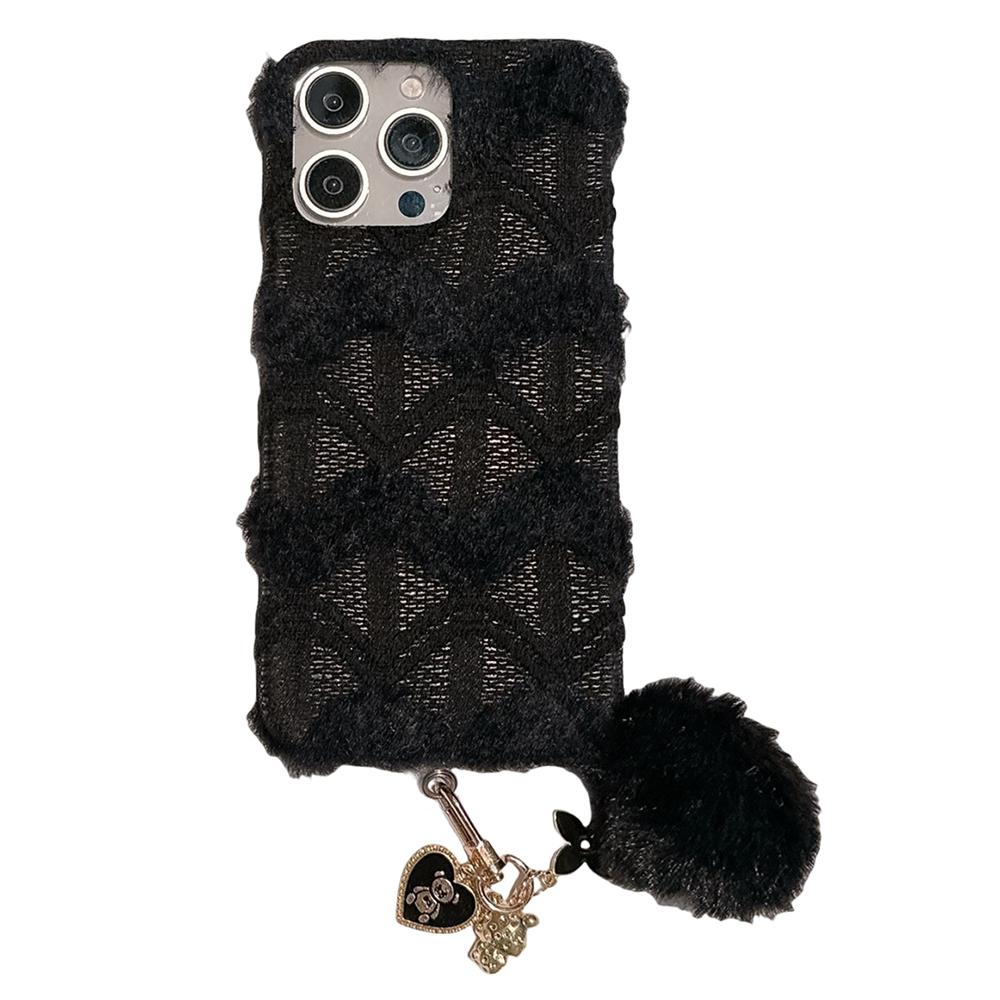 For iPhone 16 Pro Max Case Soft Plush Hard PC Winter Phone Cover with Cute Keychain Accessory