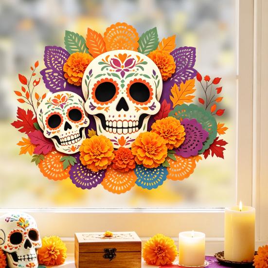 Halloween Party Decor Day of The Dead Window Static Sticker, Flower Skull Decorative PVC Skeleton Goddess Wall Art Decals, Waterproof Glass Clings