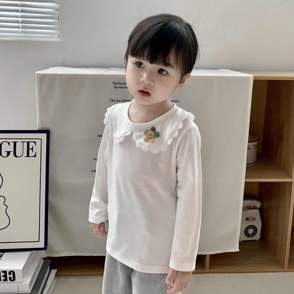 Girls' White Peter Pan Collar Long Sleeve Cotton T-Shirt for Spring/Autumn