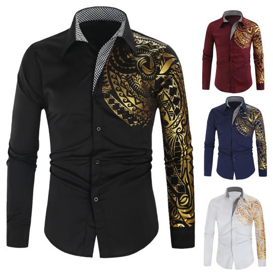 Men Shirt Slim Turn-down Collar Contrast Colors Vintage Spring T-shirt for Daily Wear