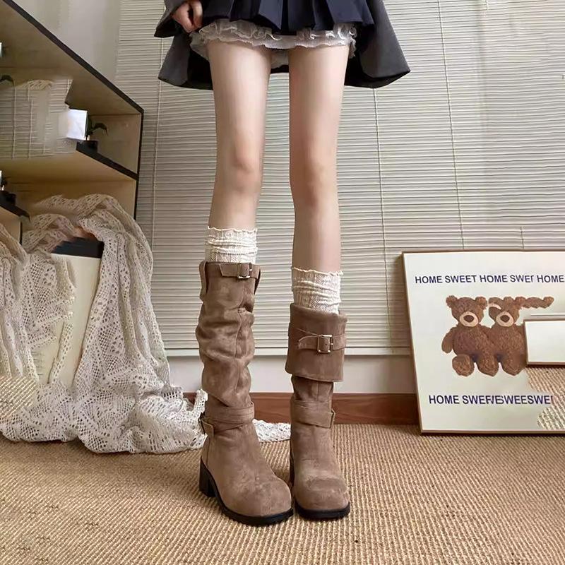 2025 New Autumn Thin with Skirt Boots Women's Platform Boots Brown Stacked High Boots Maillard Boots