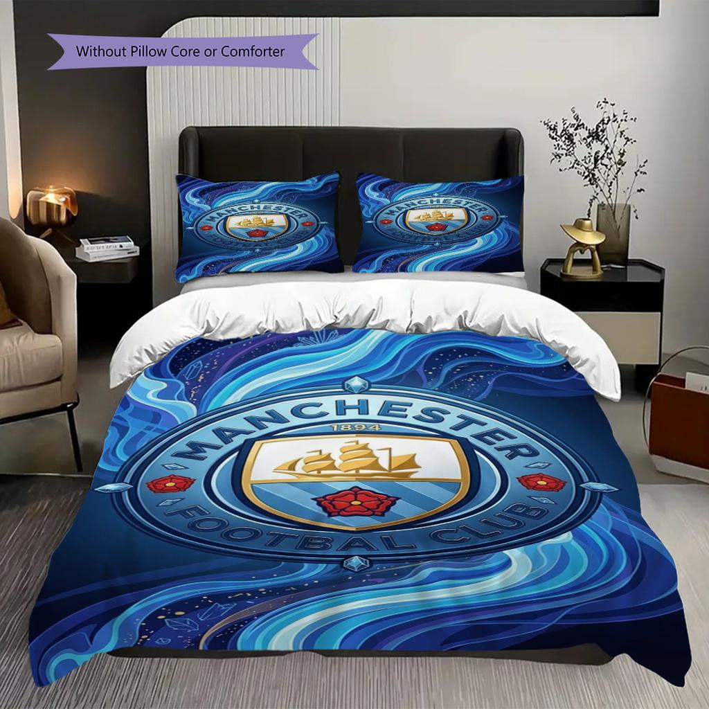 Manchester City Emblem Three-piece Set (1 * Duvet Cover + 2 * Pillowcase, Without Core) 2DFlat Duvet Cover and Pillowcase Christmas Birthday Gift
