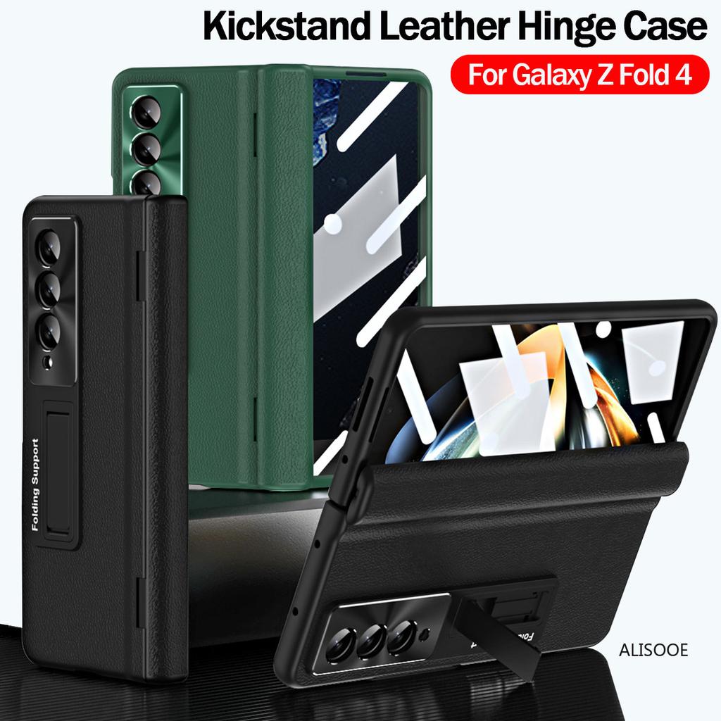 Mit Frontscheibe Glas Für Samsung Z Fold 4 Fällen Leder Scharnier Halter Abdeckung Für Samsung Galaxy Z Fold 4 5g Fall Stehen Capa