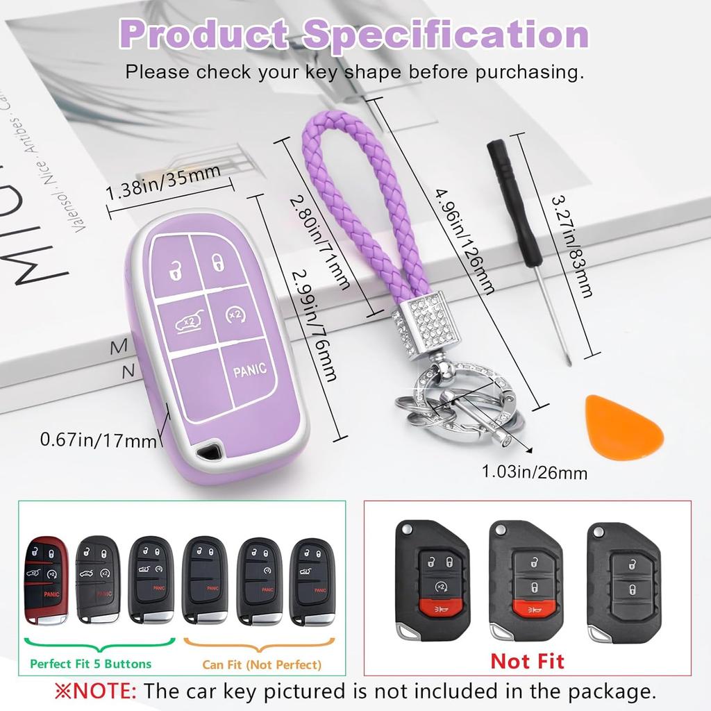 PIFOOG Key Fob Cover for Jeep Cherokee Grand Cherokee Compass Renegade Accessories Purple Bling Keychain 5 Button Car Keys Case Shell Full Covers