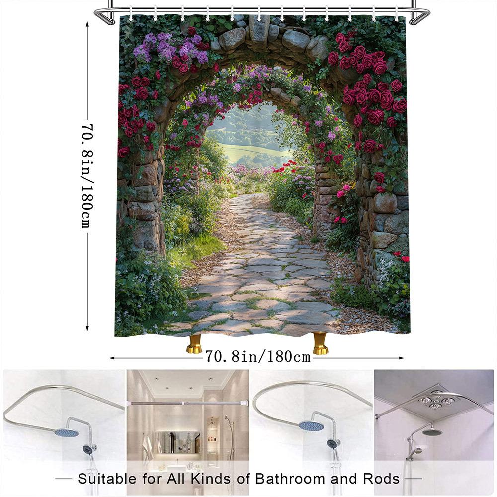 Shower Curtain: Enchanted Garden Path with Stone Archway and Blooming Roses for a Romantic and Scenic Bathroom Decor