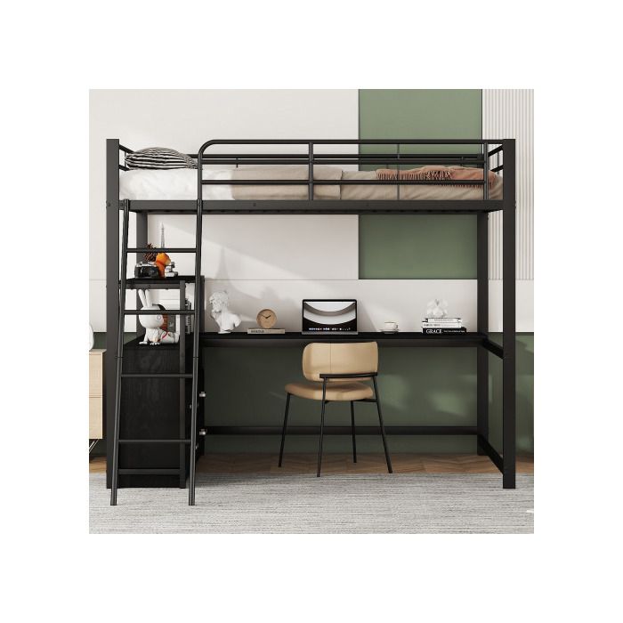 Hochbett - MUVOE - 140x200cm - L-förmiger Schreibtisch - Praktische Schubladen - Schwarzes Metall