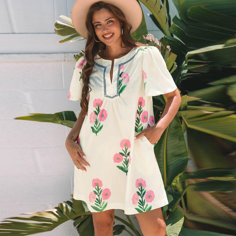 

American Shiying Cute Color Matching Puff Sleeve Dress Women 2025 Summer New Arrival Florals Loose Short Skirt Women Apricot yellow L code fits (62.50 kg-70.00 kg