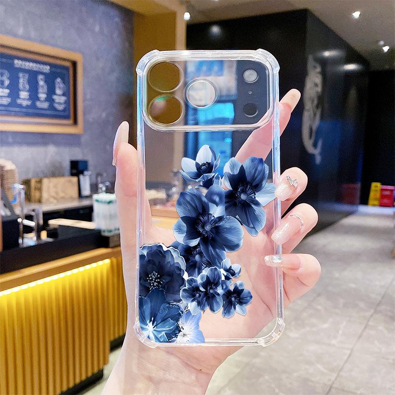 Ink Blue Flower Mobile Phone Case iPhone17/16Pro Four-corner Anti-drop Transparent Case Apple 15 Soft Case Is Hot-selling.
